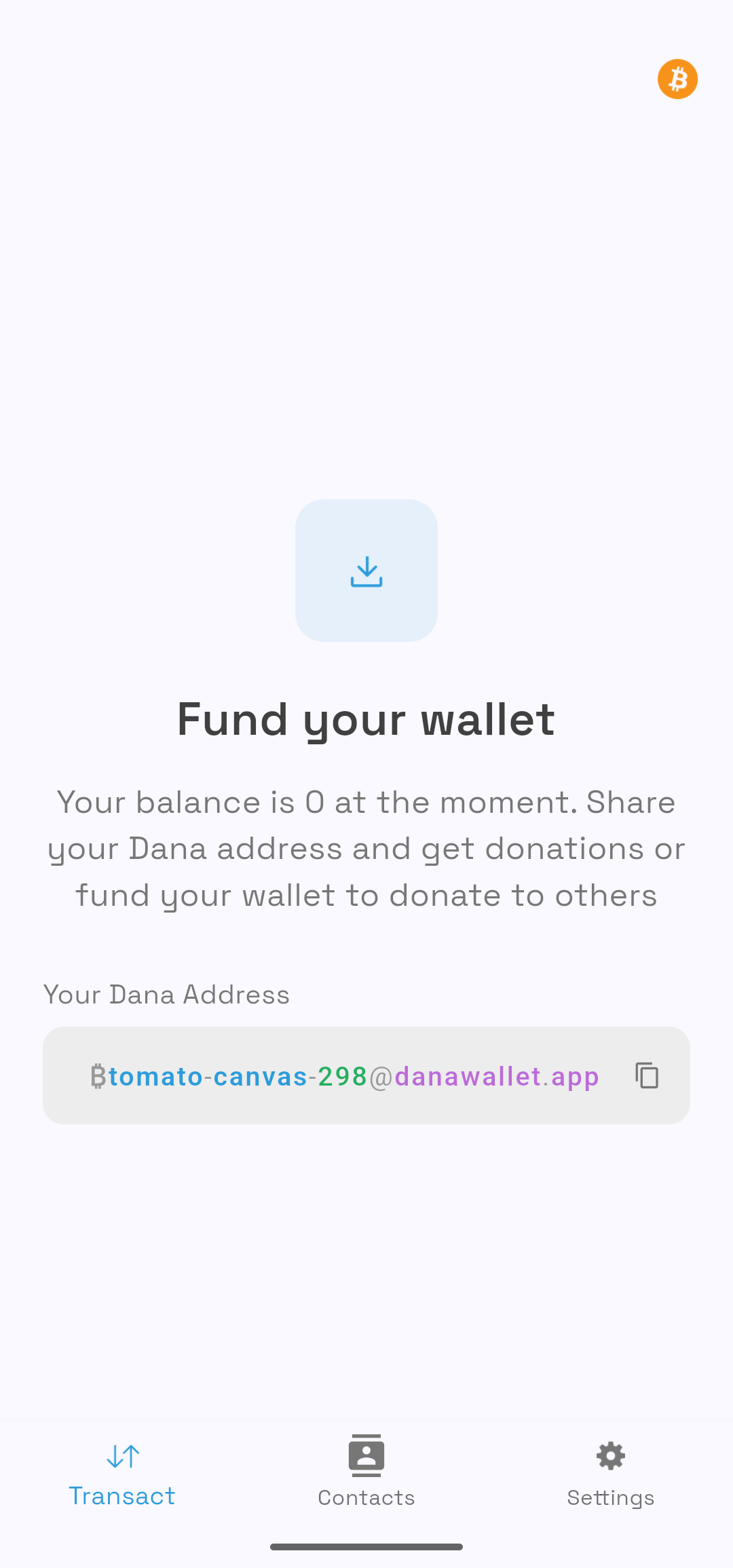 Dana wallet showing a BIP353 address like tomato-canvas-298@danawallet.app