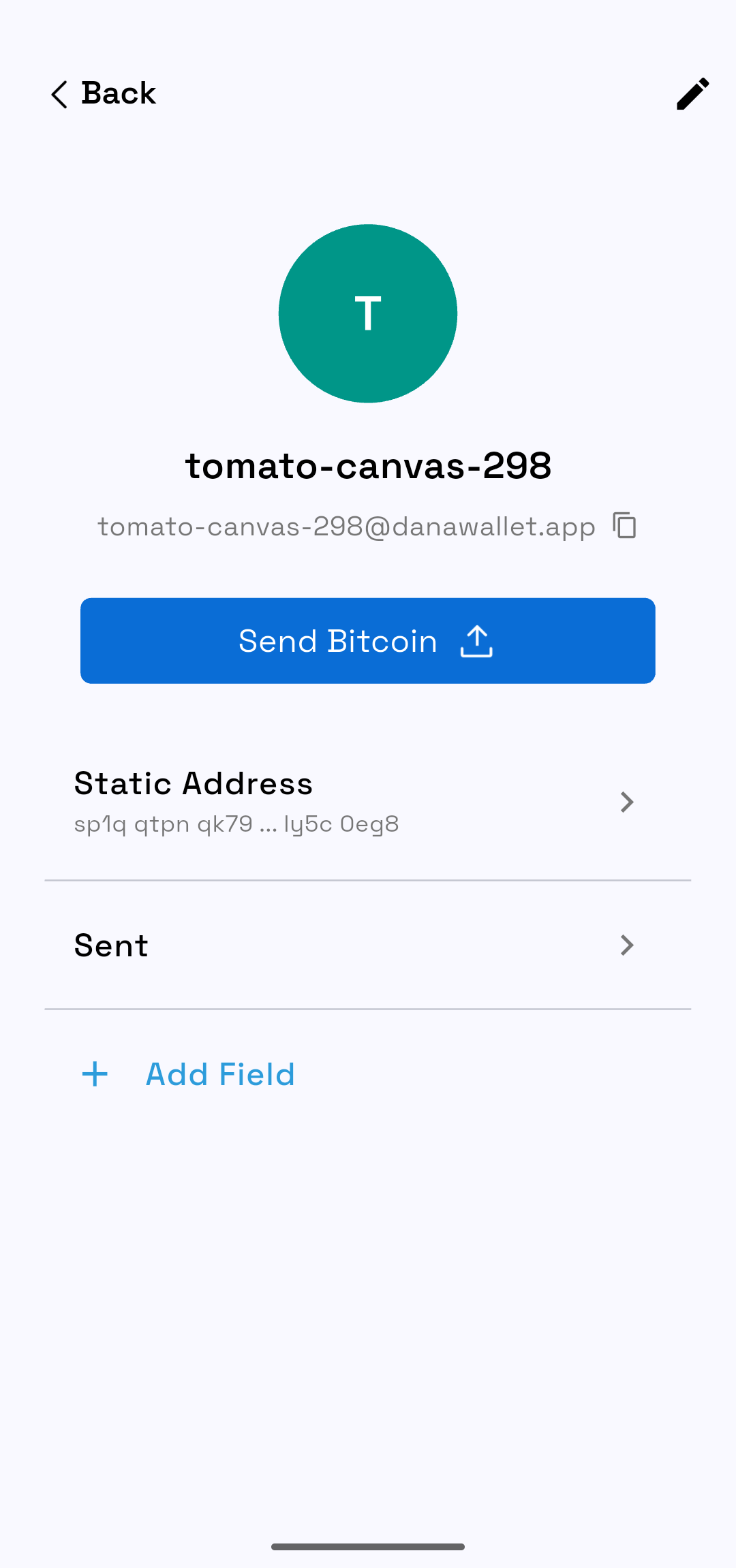 Contact page for tomato-canvas-298 with a Send Bitcoin button